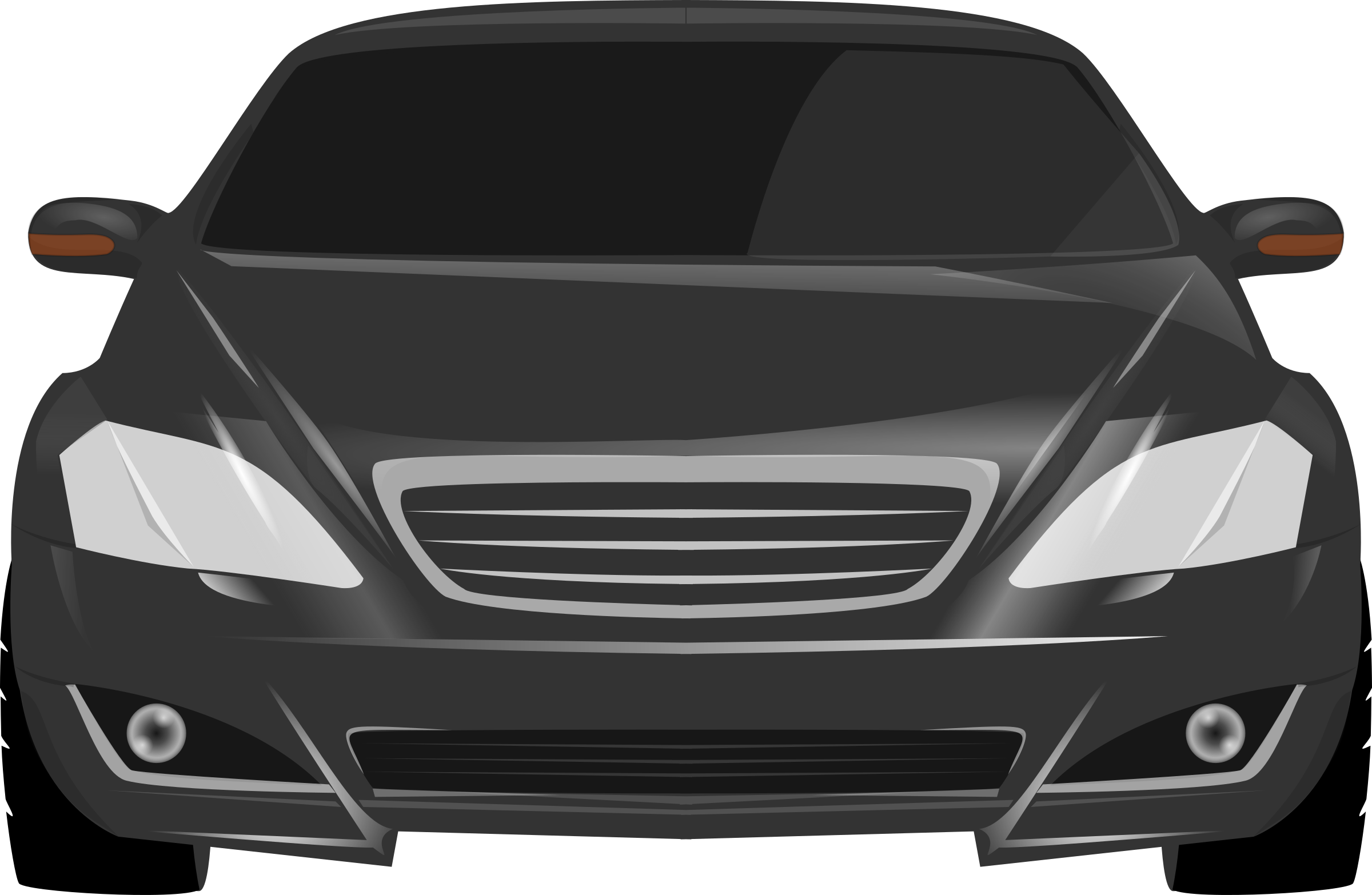 Black Sedan Front View Vector PNG — Front view of a sleek dark gray sedan with sharp headlights and chrome grille against black background.