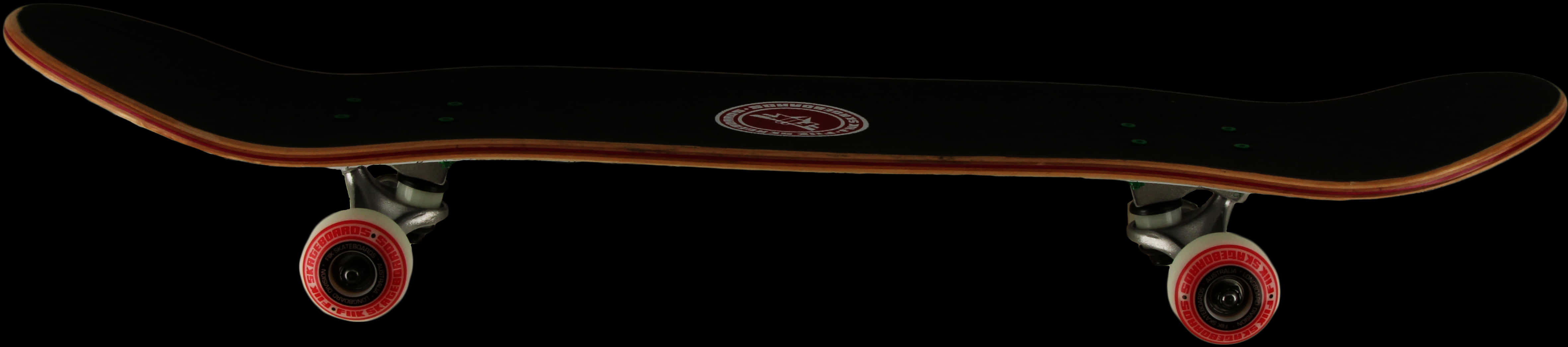 Black Skateboard Red Wheels Side View PNG