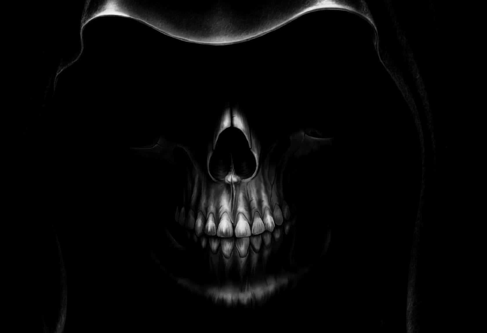 Ominous black skeleton walking through fog Wallpaper