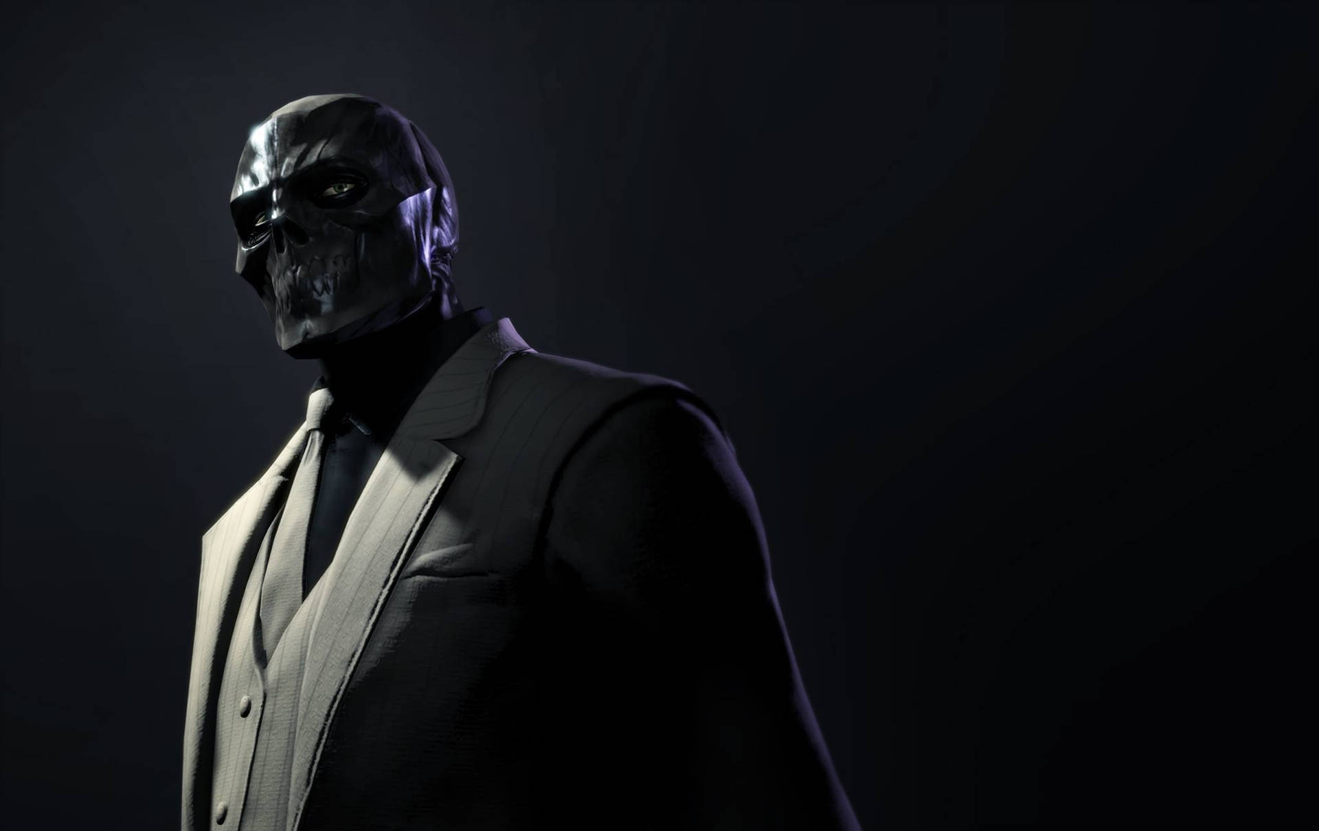 A Man In A Suit And Mask Standing In A Dark Room Wallpaper