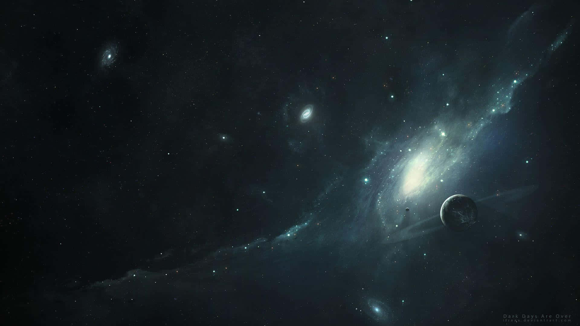 A view of an expansive dark space from a distant planet. Wallpaper