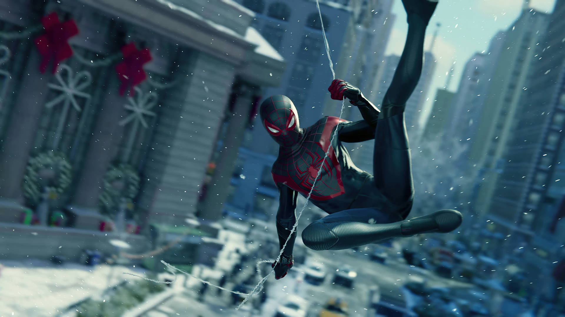 Black Spiderman Swinging In The City Wallpaper