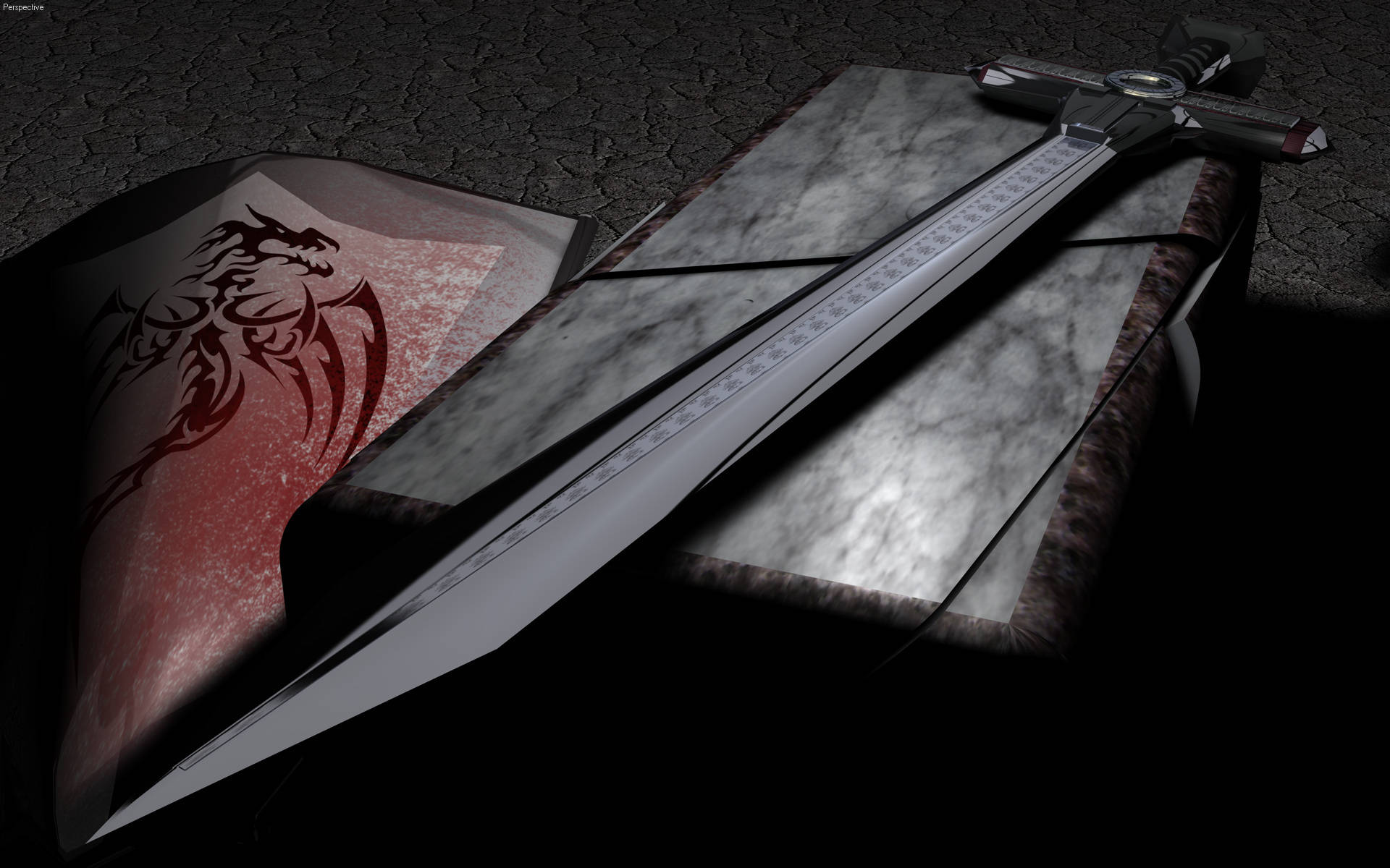 Black Sword On Marble With Shield Wallpaper