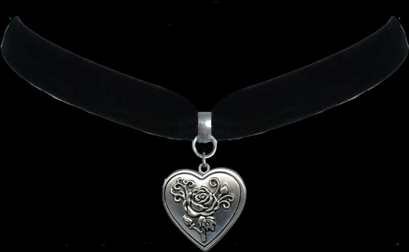 Black Velvet Chokerwith Silver Heart Pendant PNG