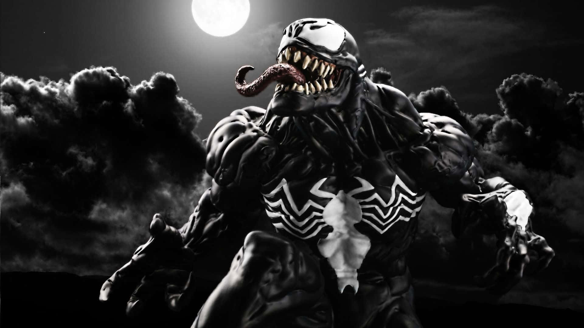 Black Venom rising amidst a fiery sky Wallpaper