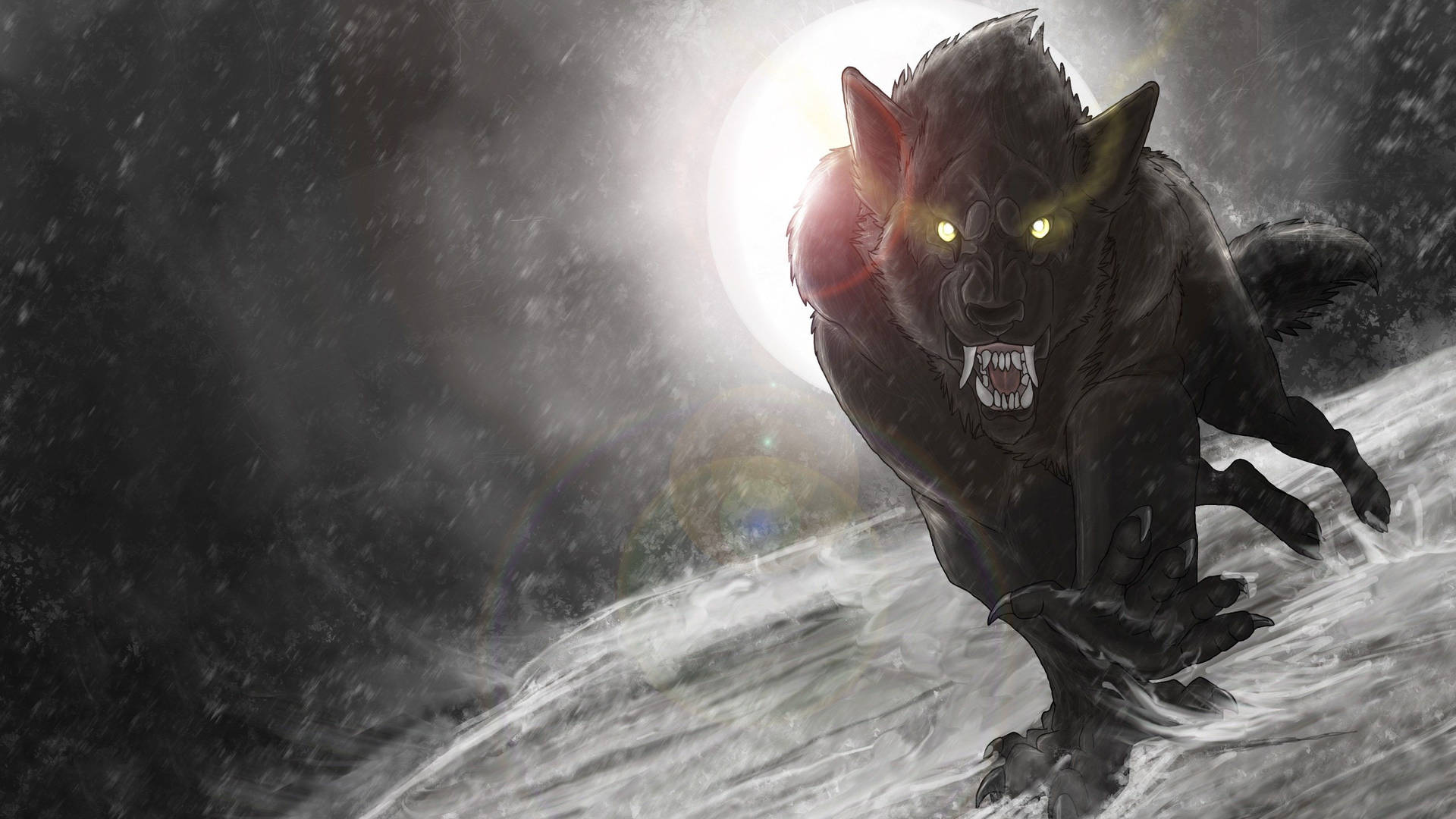 A solitary werewolf braves a cold winter night Wallpaper