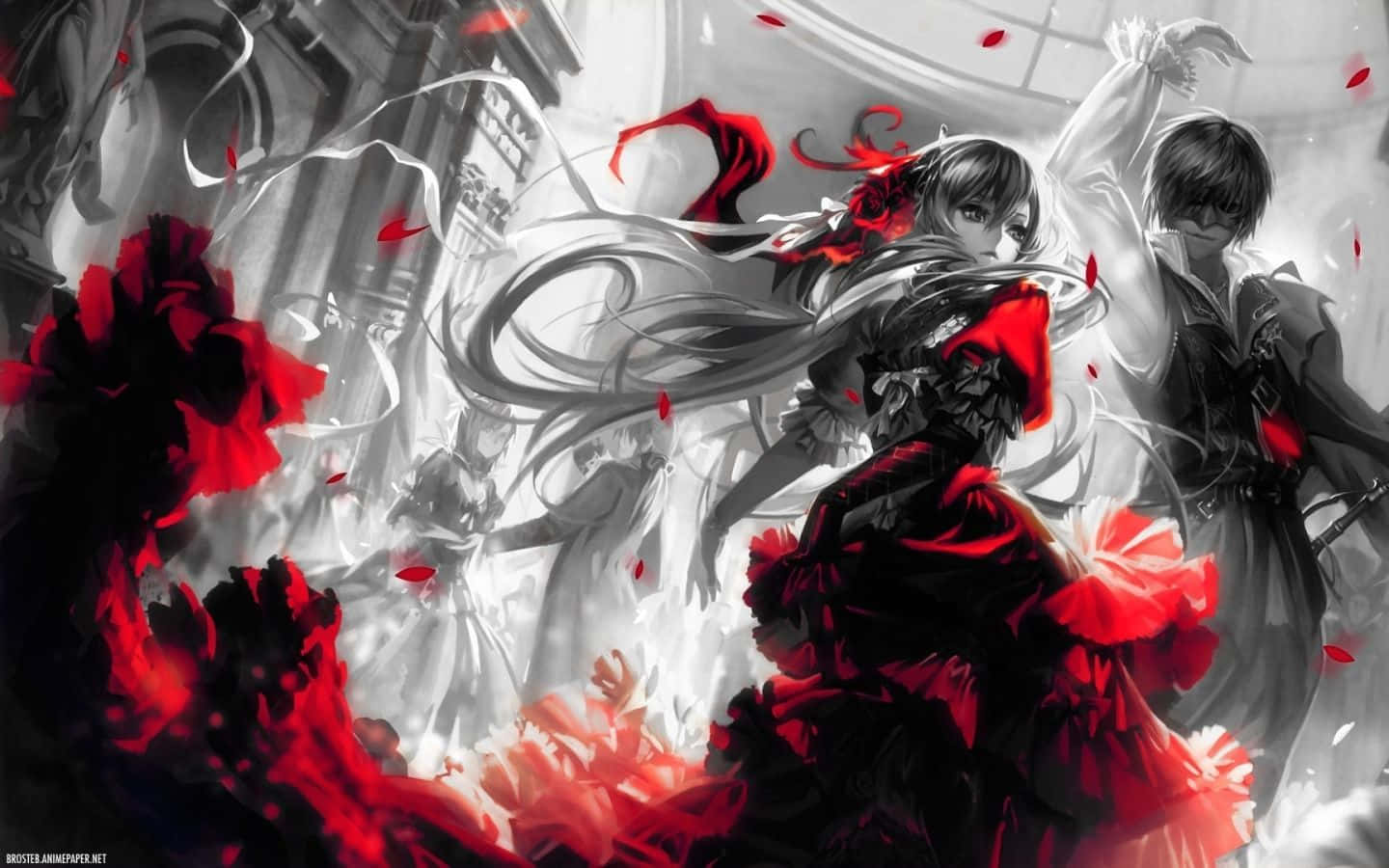 A Black And White Image Of Two Anime Girls In Red Dresses Wallpaper