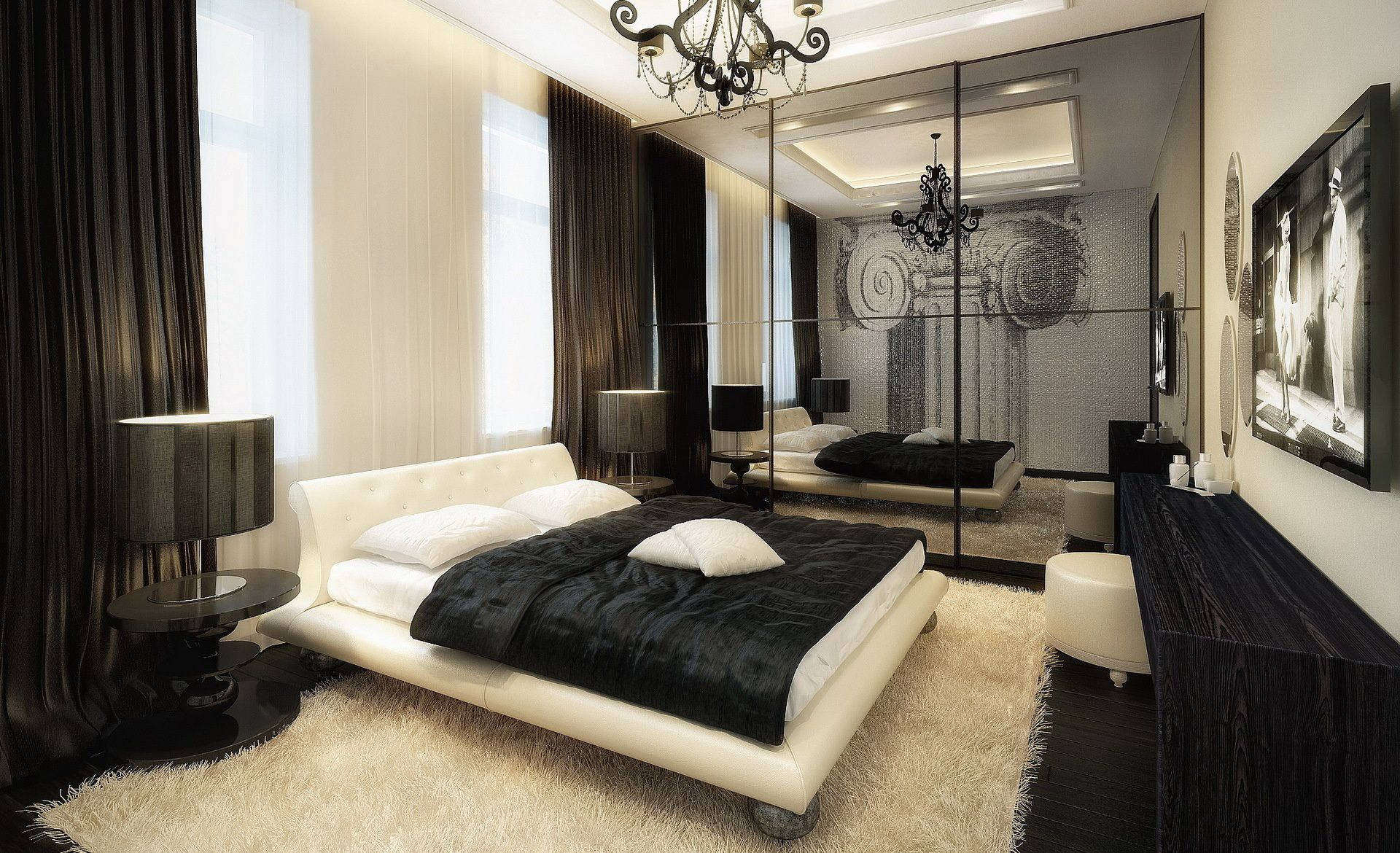 Black-White Bedroom Of An Apartment Wallpaper