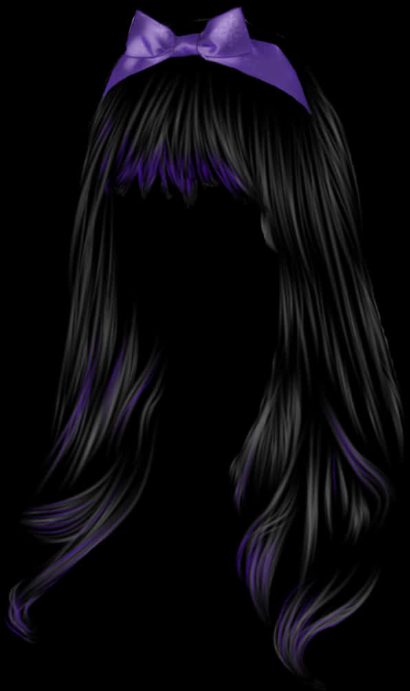 Black Wigwith Purple Bow PNG