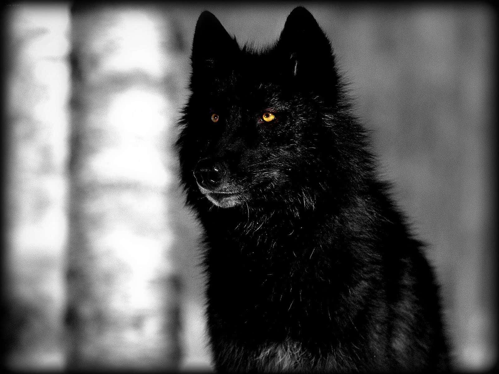 A Black Wolf prowls in the woods, lonesome and mesmerizing