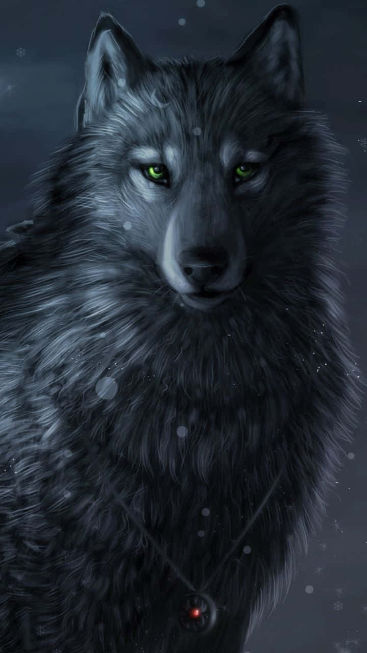"A majestic black wolf stands among the trees in the wilderness."