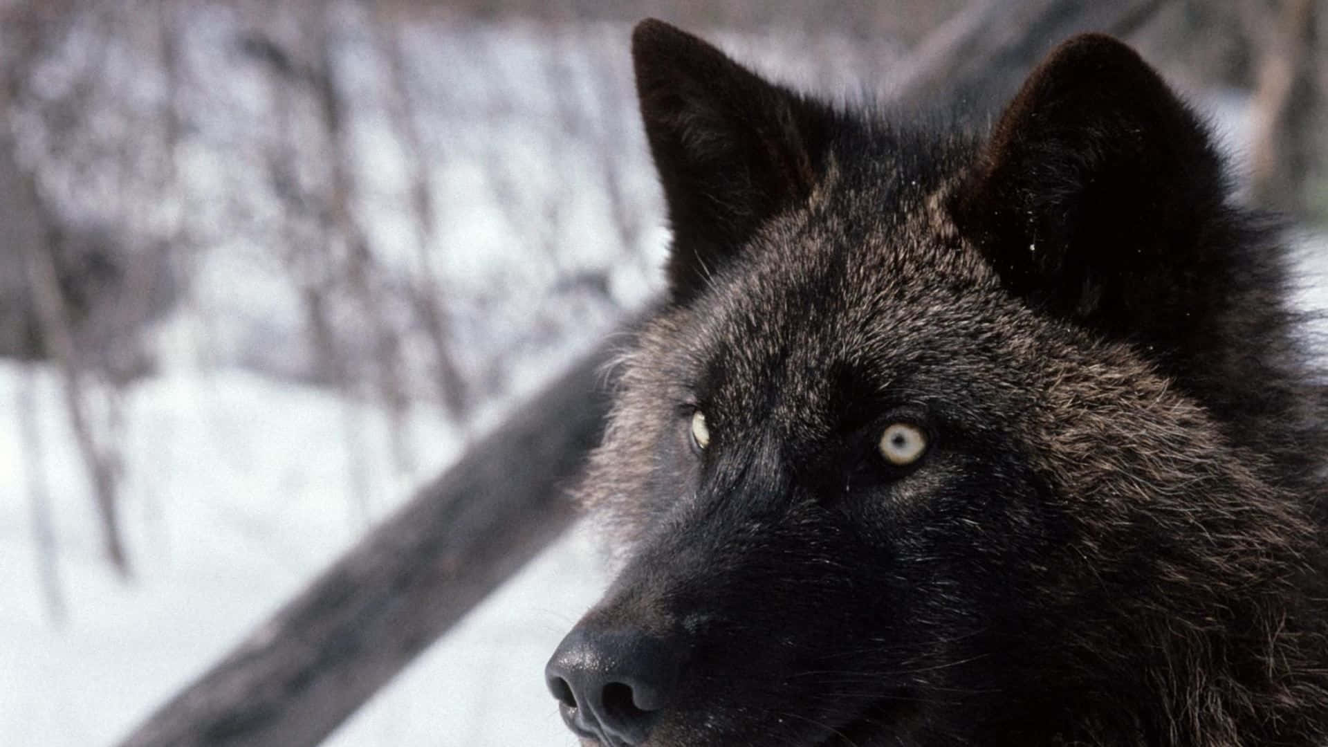 Einmächtiger Und Geheimnisvoller Schwarzer Wolf Steht Vor Einem Schneebedeckten Berg.