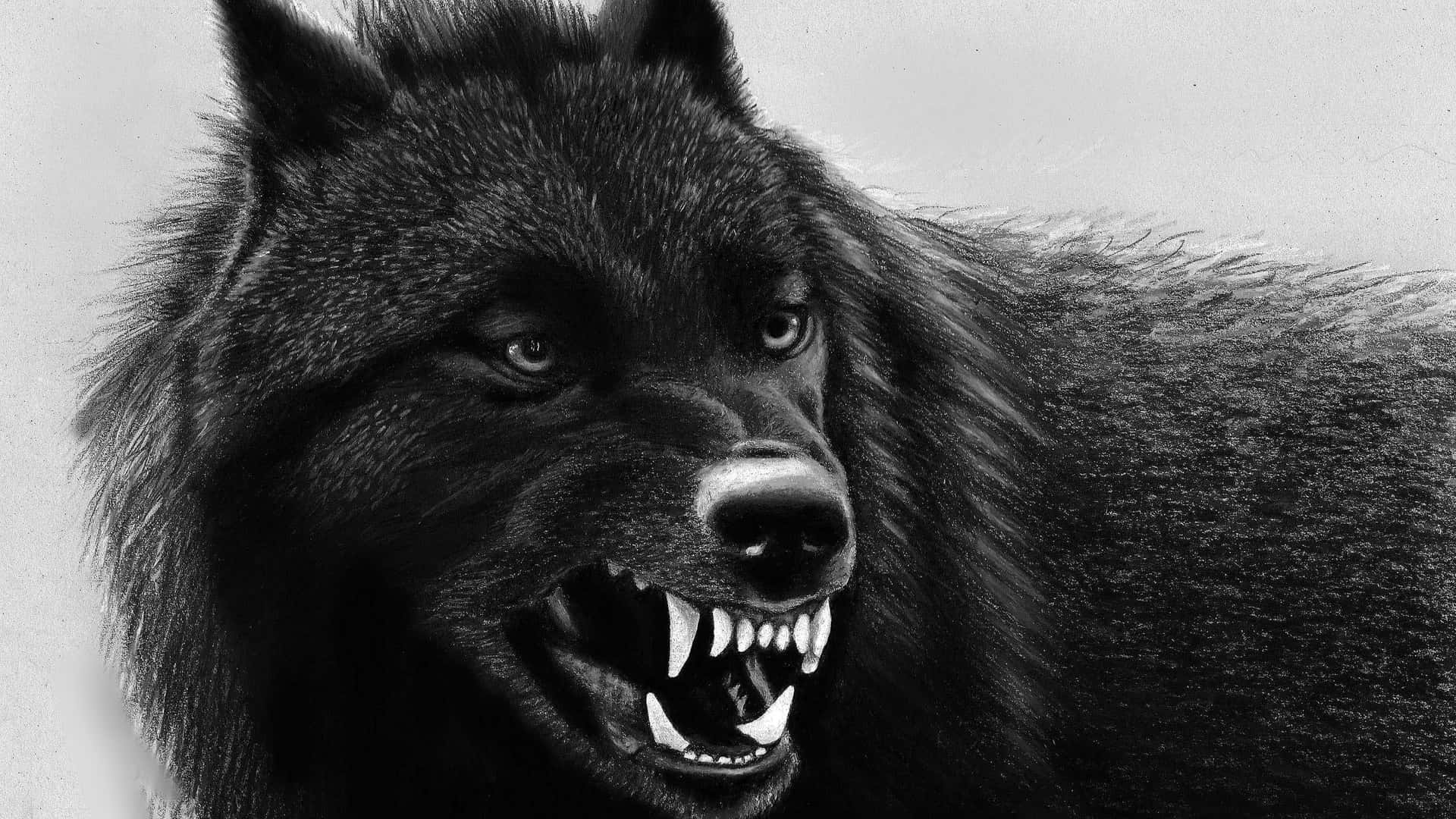 “A mysterious black wolf stares into the night”