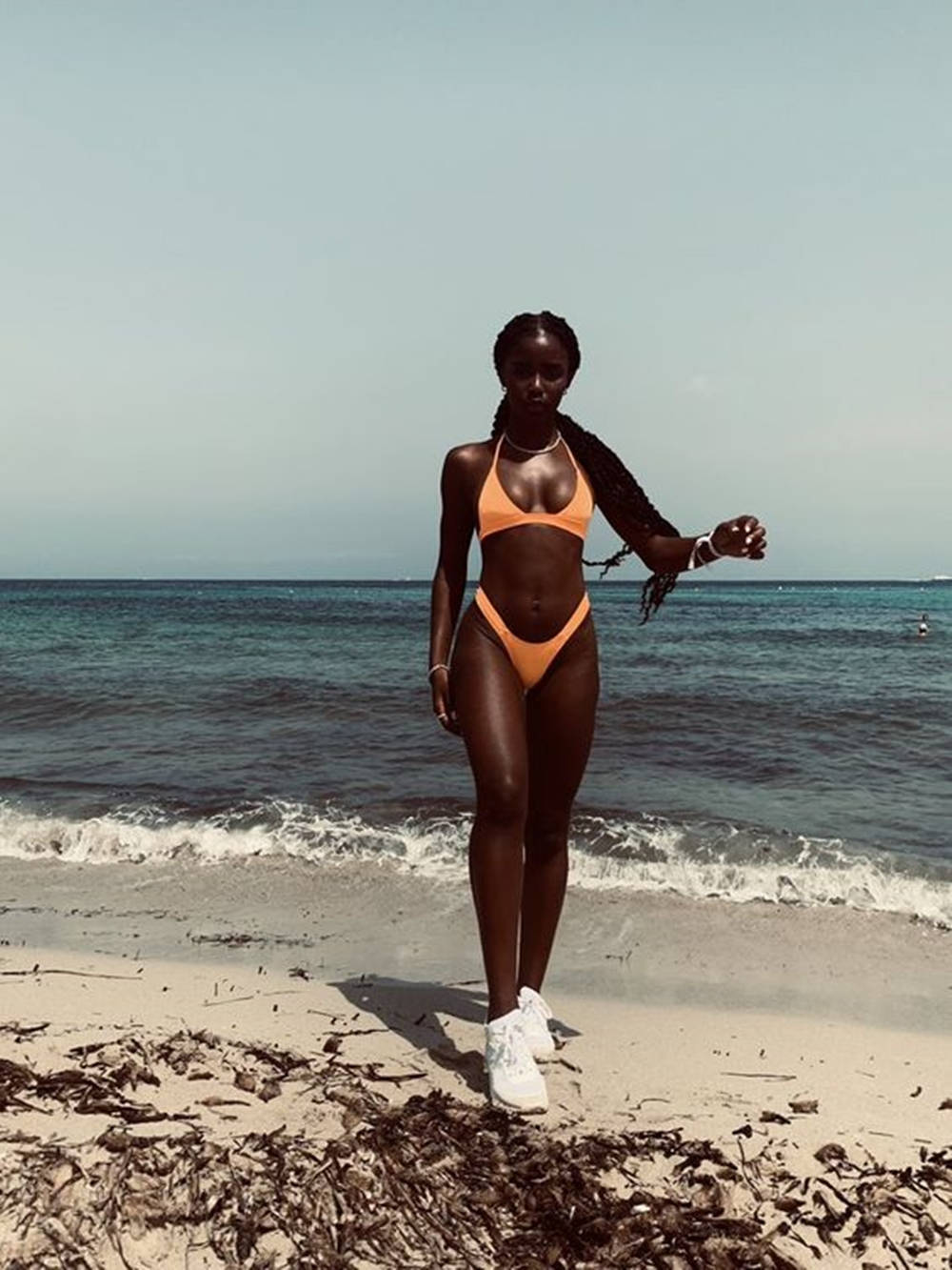 Black Woman In Bikini White Shoes Wallpaper