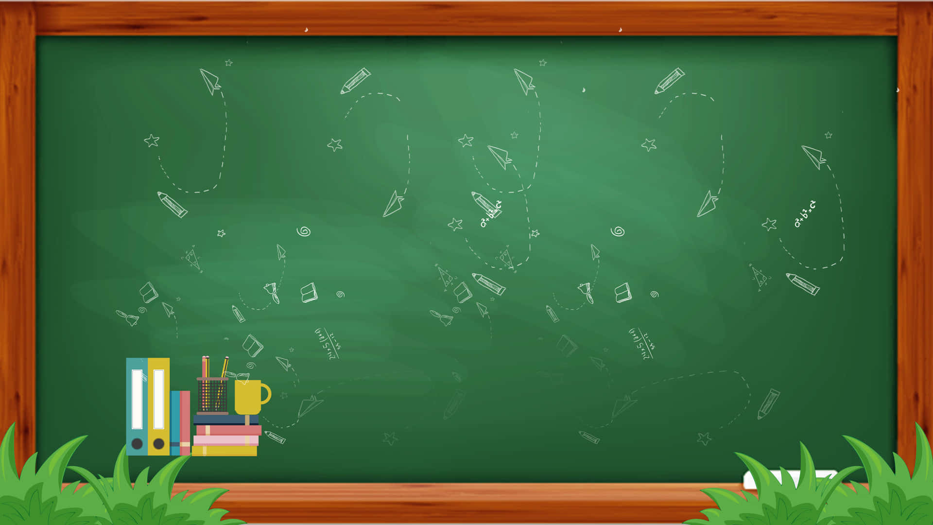 Blackboard With Books And Grass Background