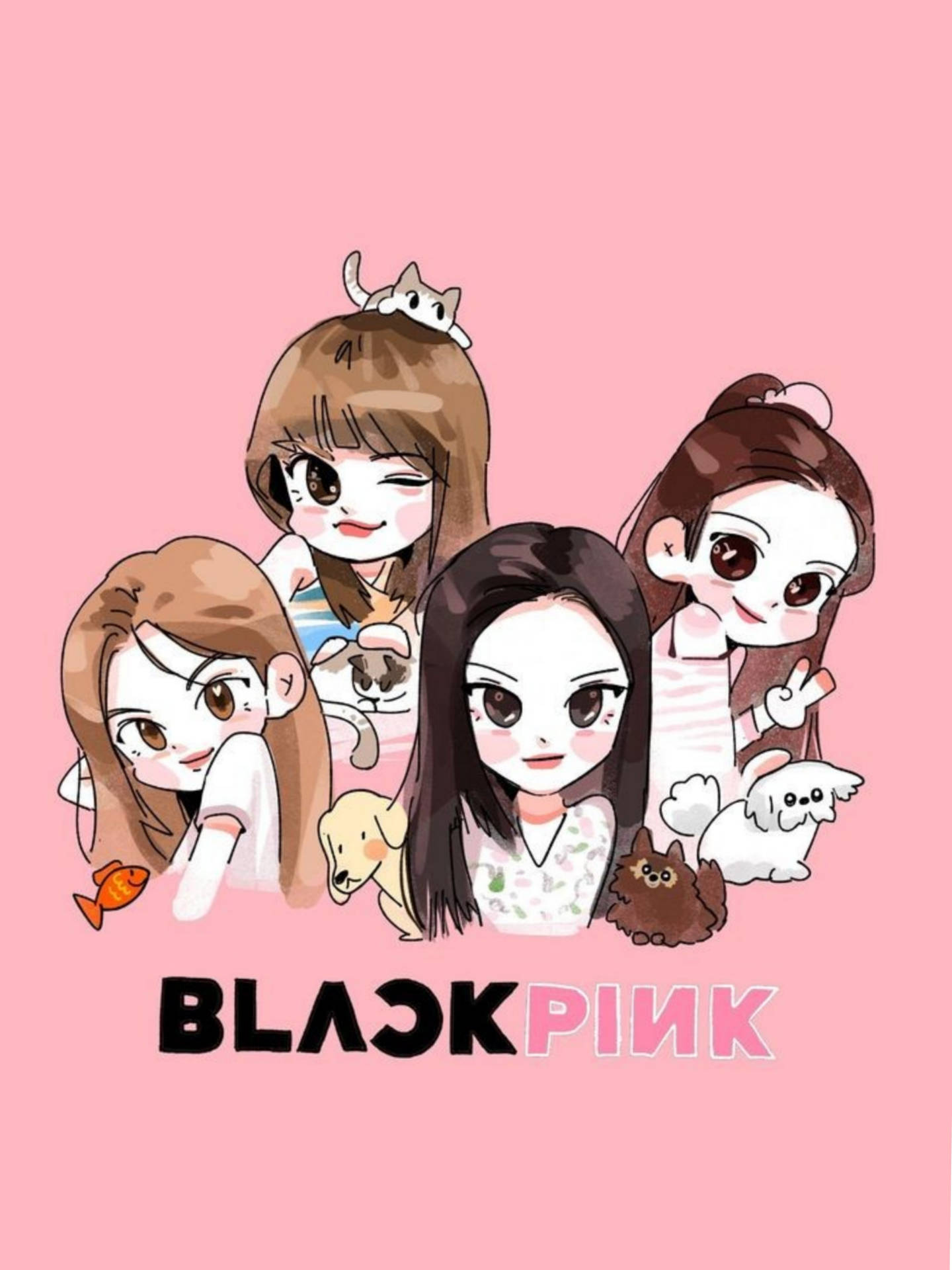 Blackpink Cartoon And Their Pets Background