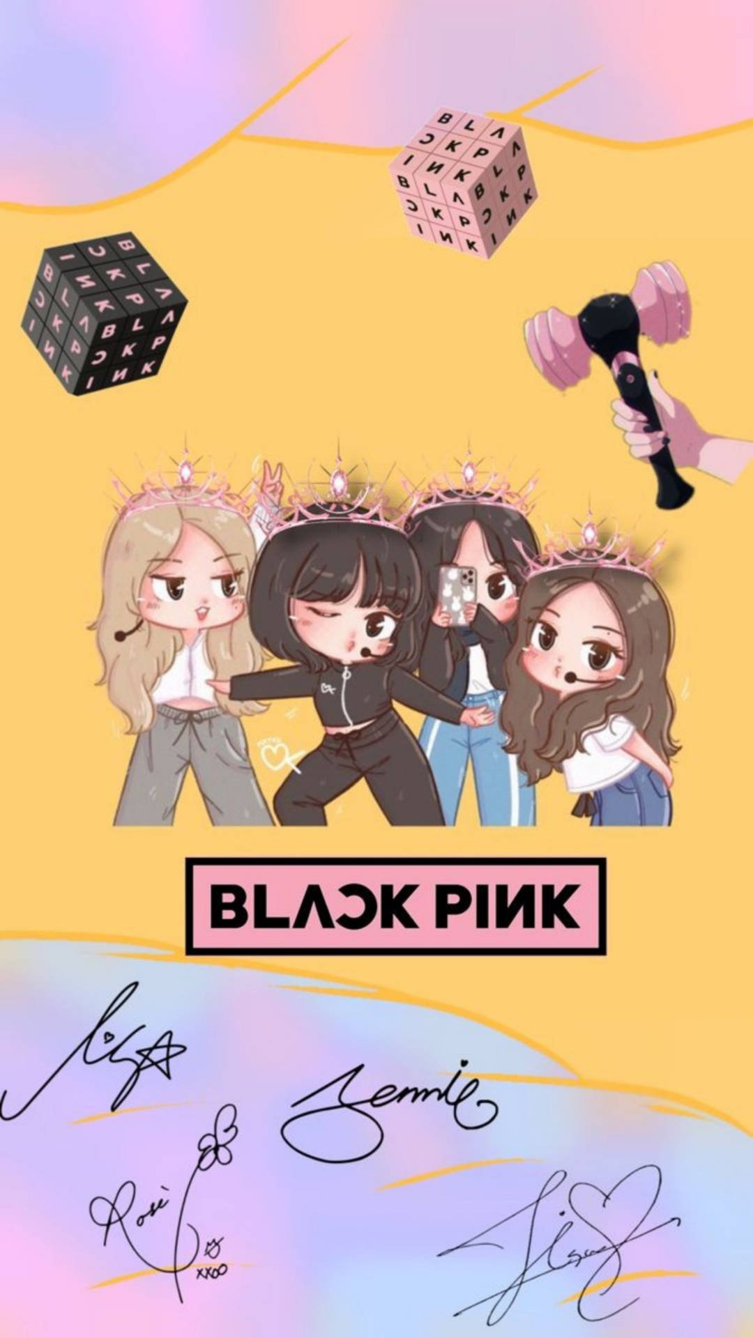 Blackpink Cartoon Wearing Pink Tiaras Wallpaper