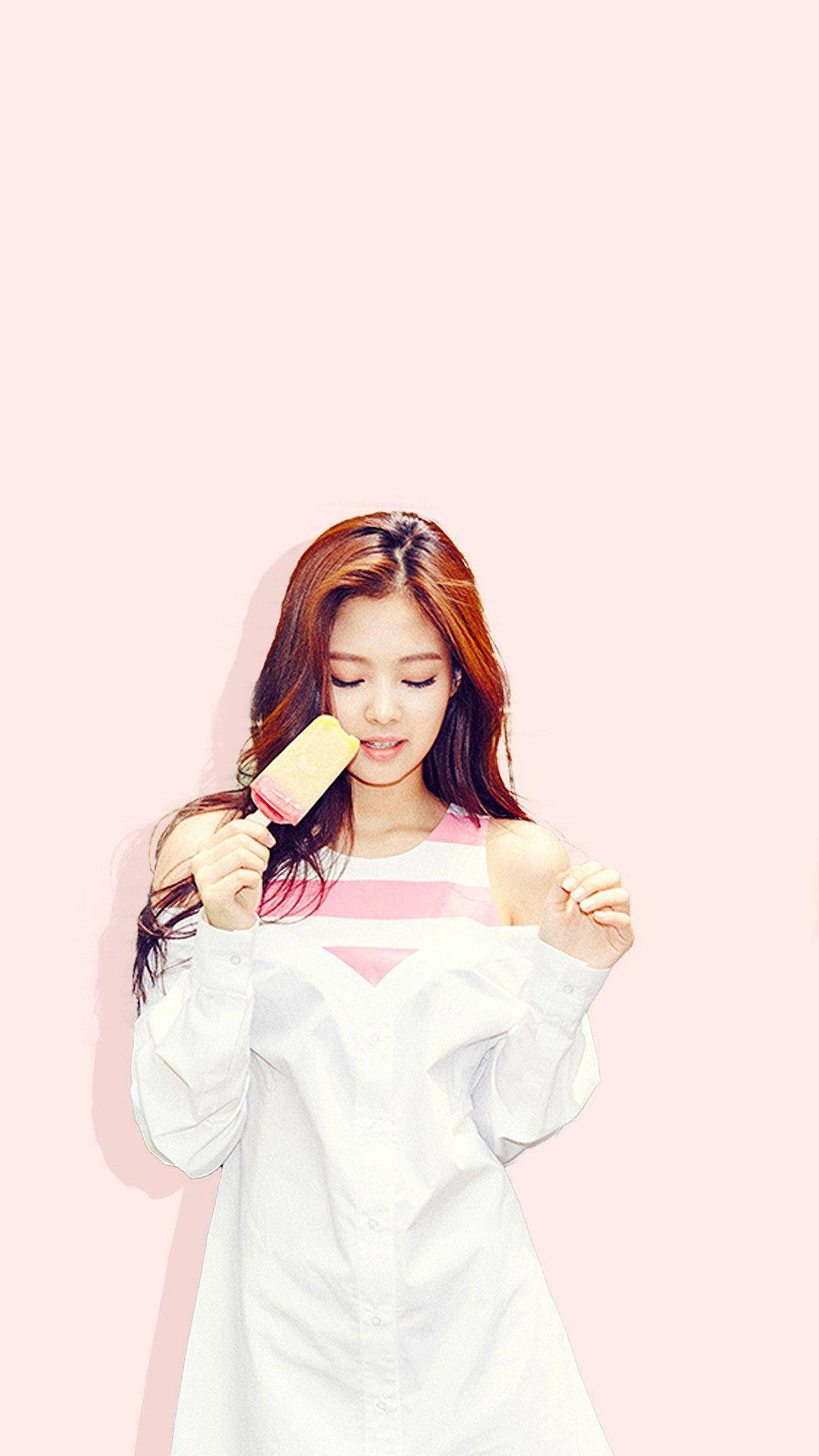 Blackpink Cute Jennie Eating Ice Cream Background
