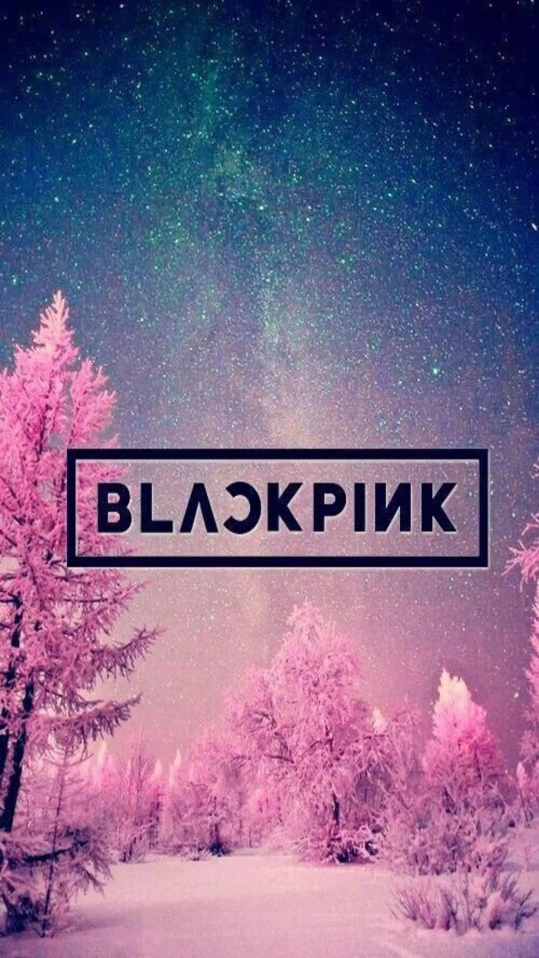 Blackpink Logo Over Pink Snowy Forest Wallpaper