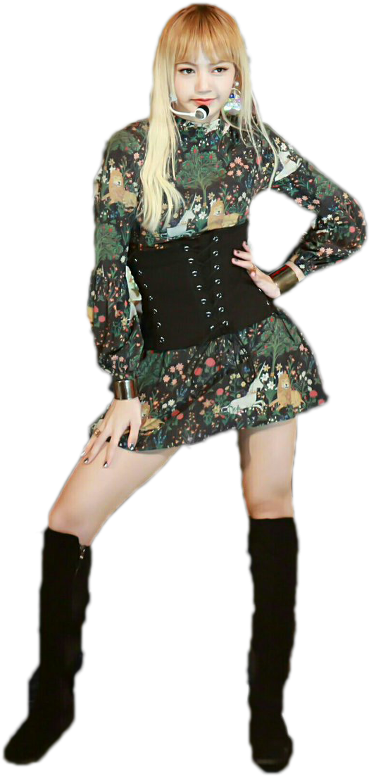 Blackpink Member Floral Dress Black Boots PNG