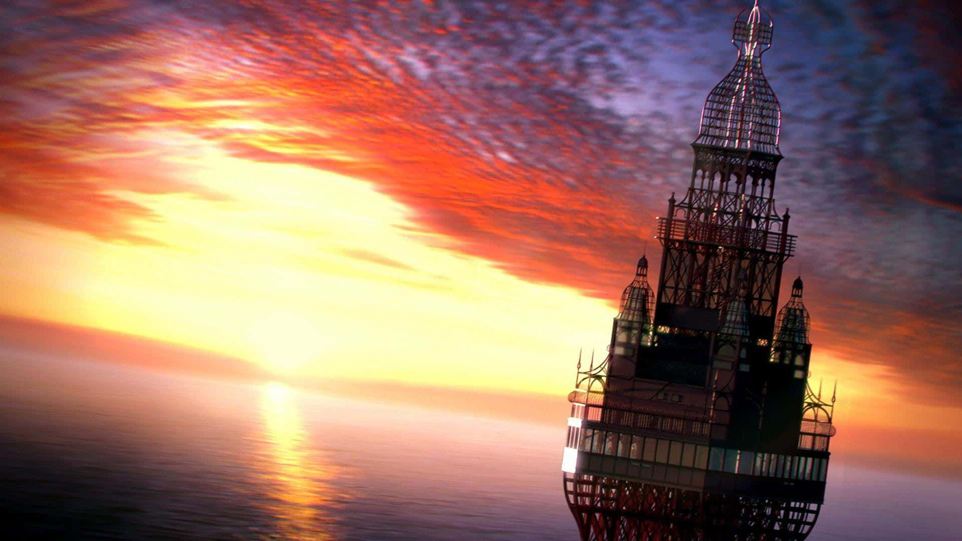 Blackpooltower Bei Sonnenuntergang Überblickt Das Meer Wallpaper