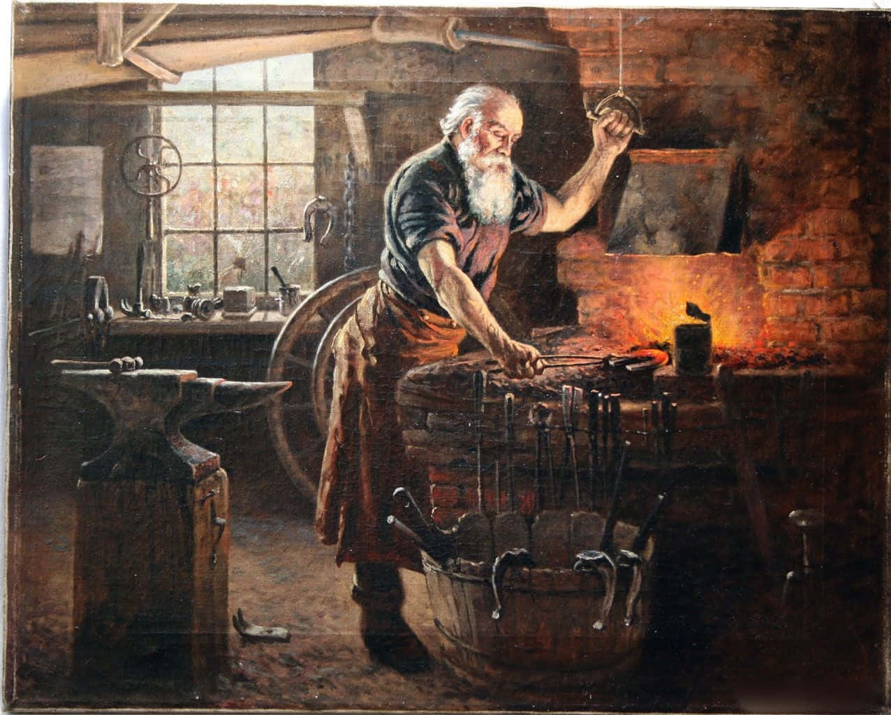A master blacksmith constructs a sword. Wallpaper