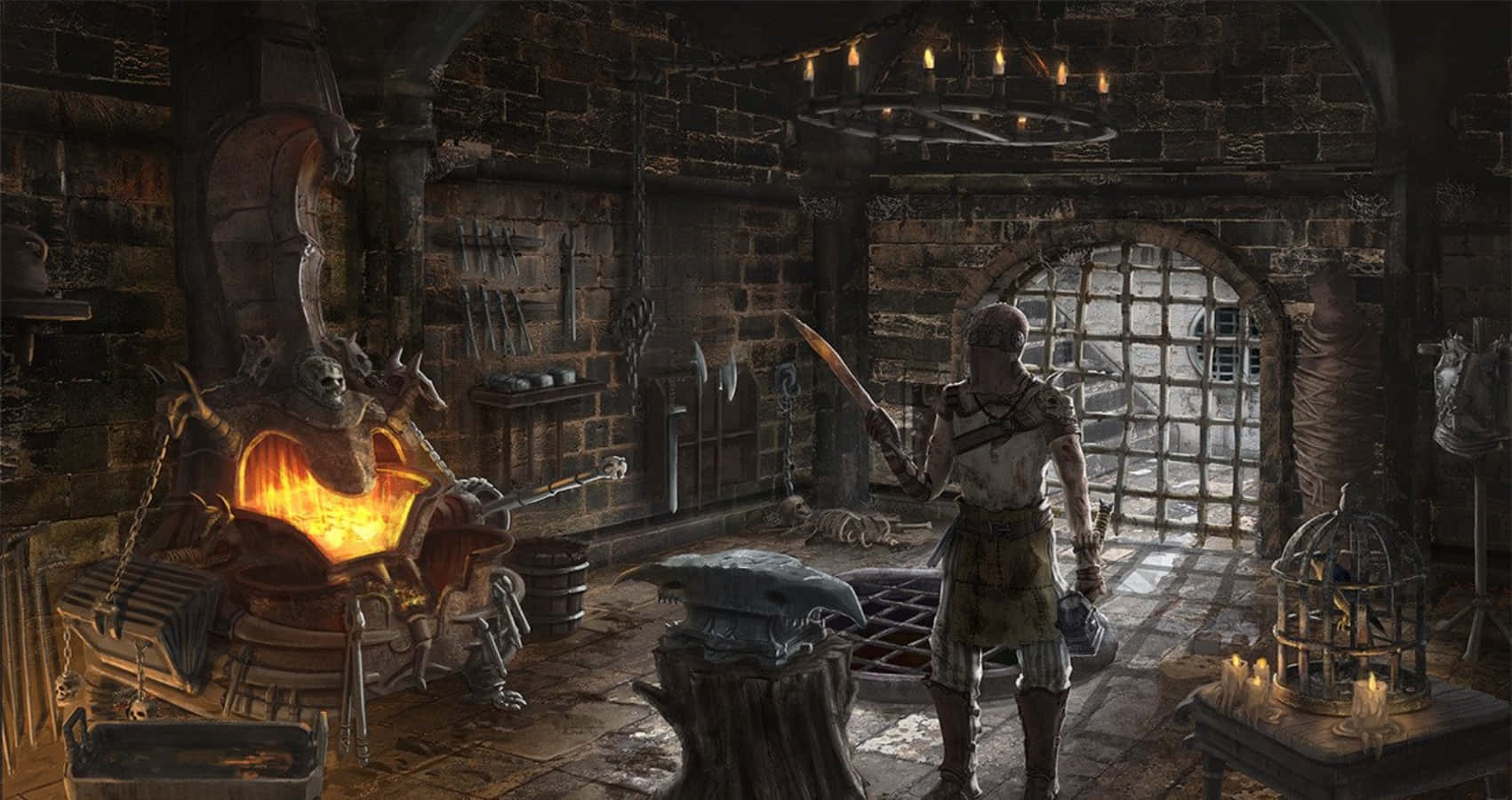A blacksmith hard at work against a backdrop of fire and sparks Wallpaper