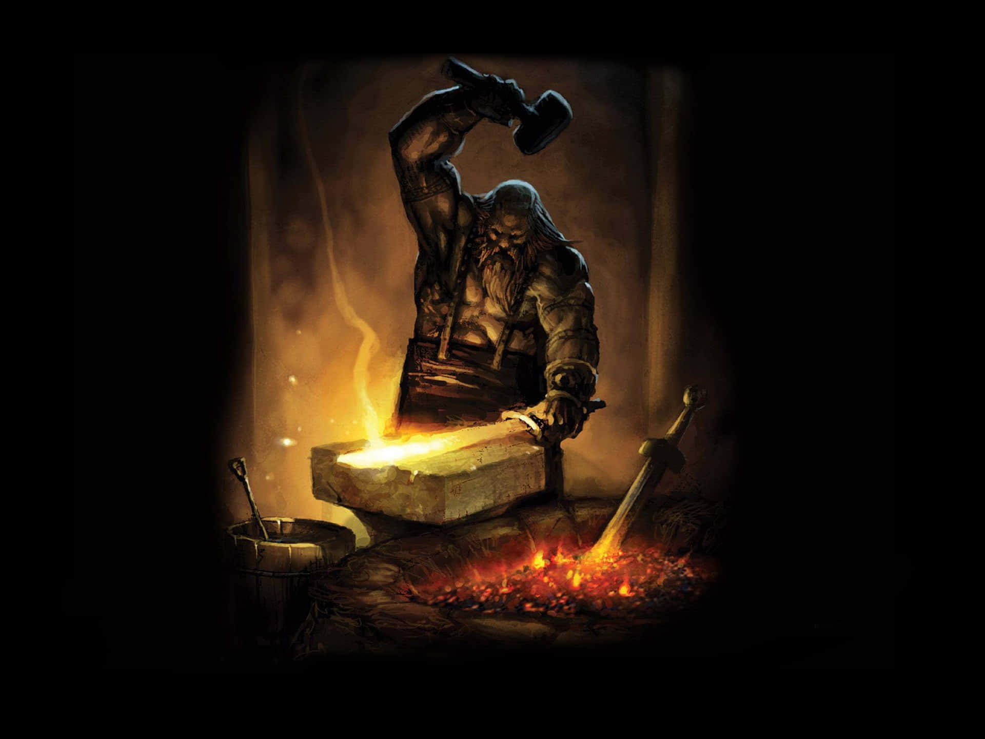 A blacksmith at work forming a piece of iron. Wallpaper