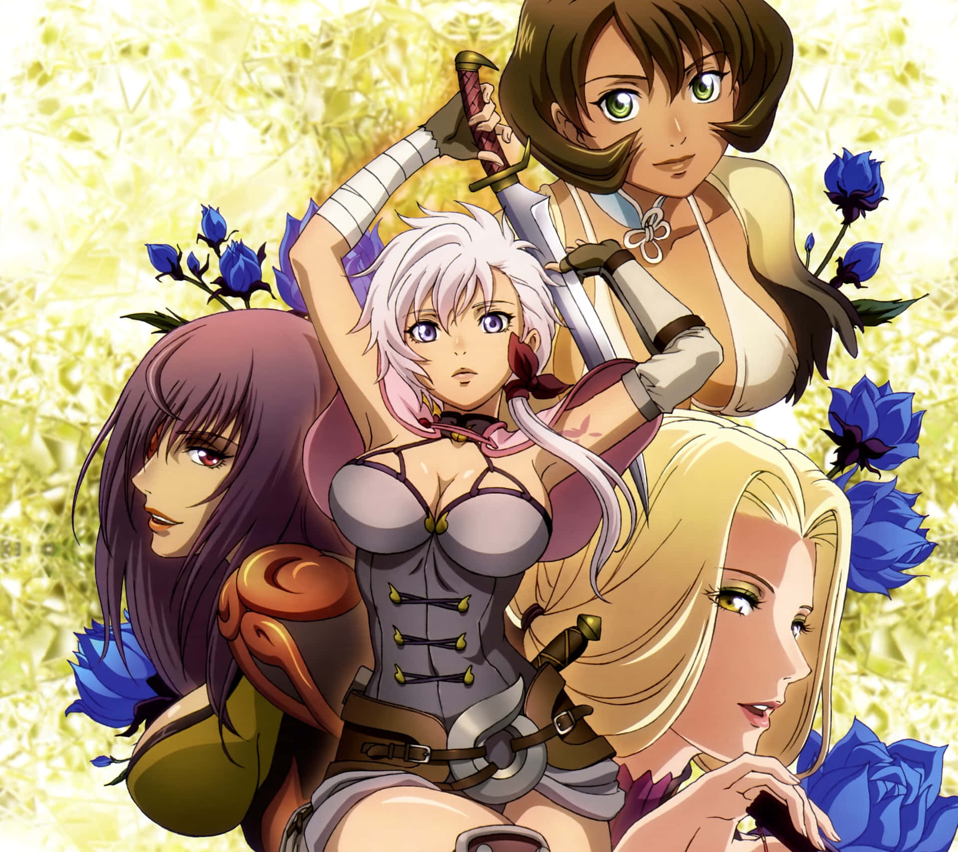 Engruppe Anime-piger Med Sværd Og Blomster. Wallpaper