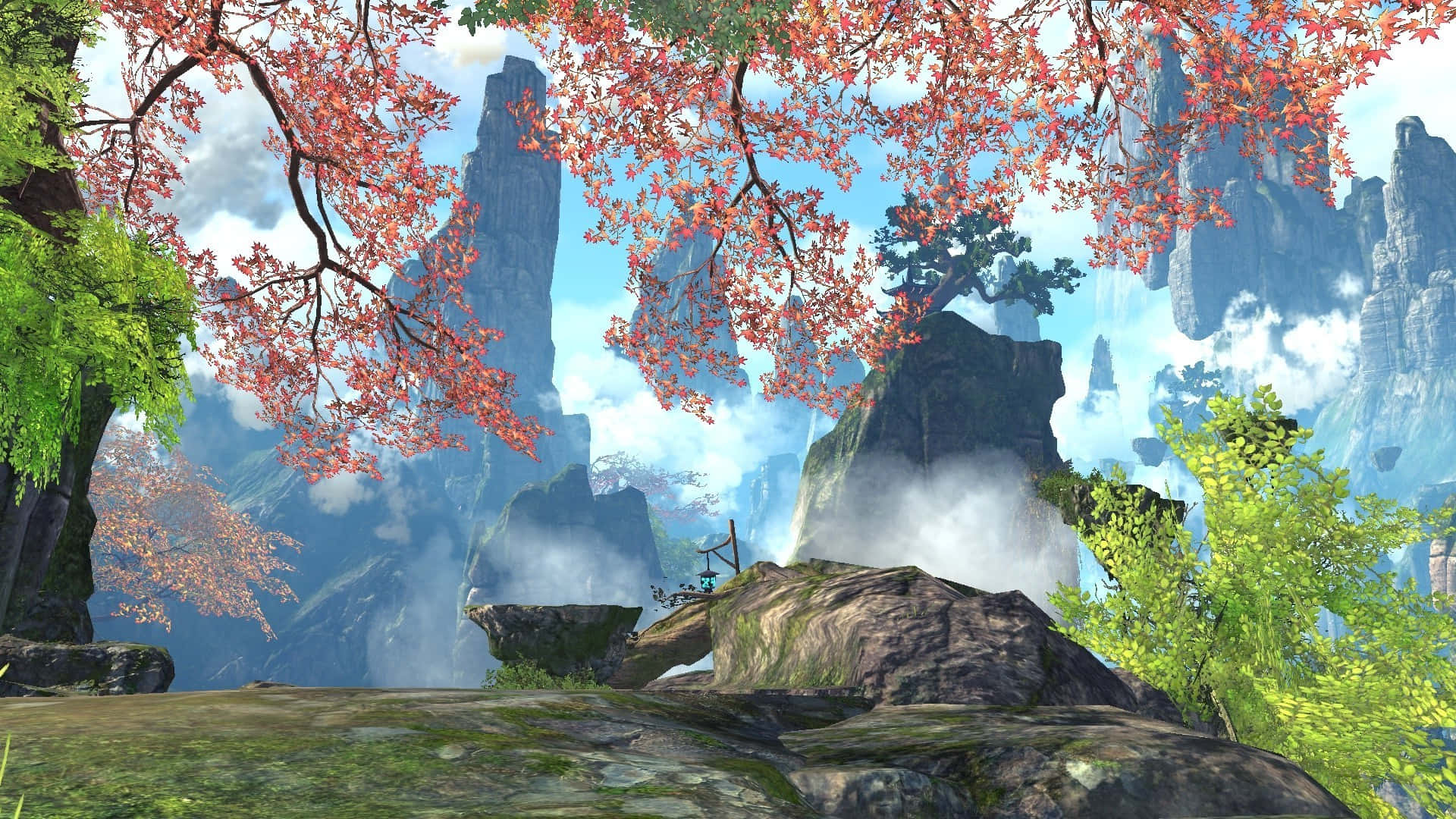 A Fantasy Scene With Trees And Mountains Wallpaper