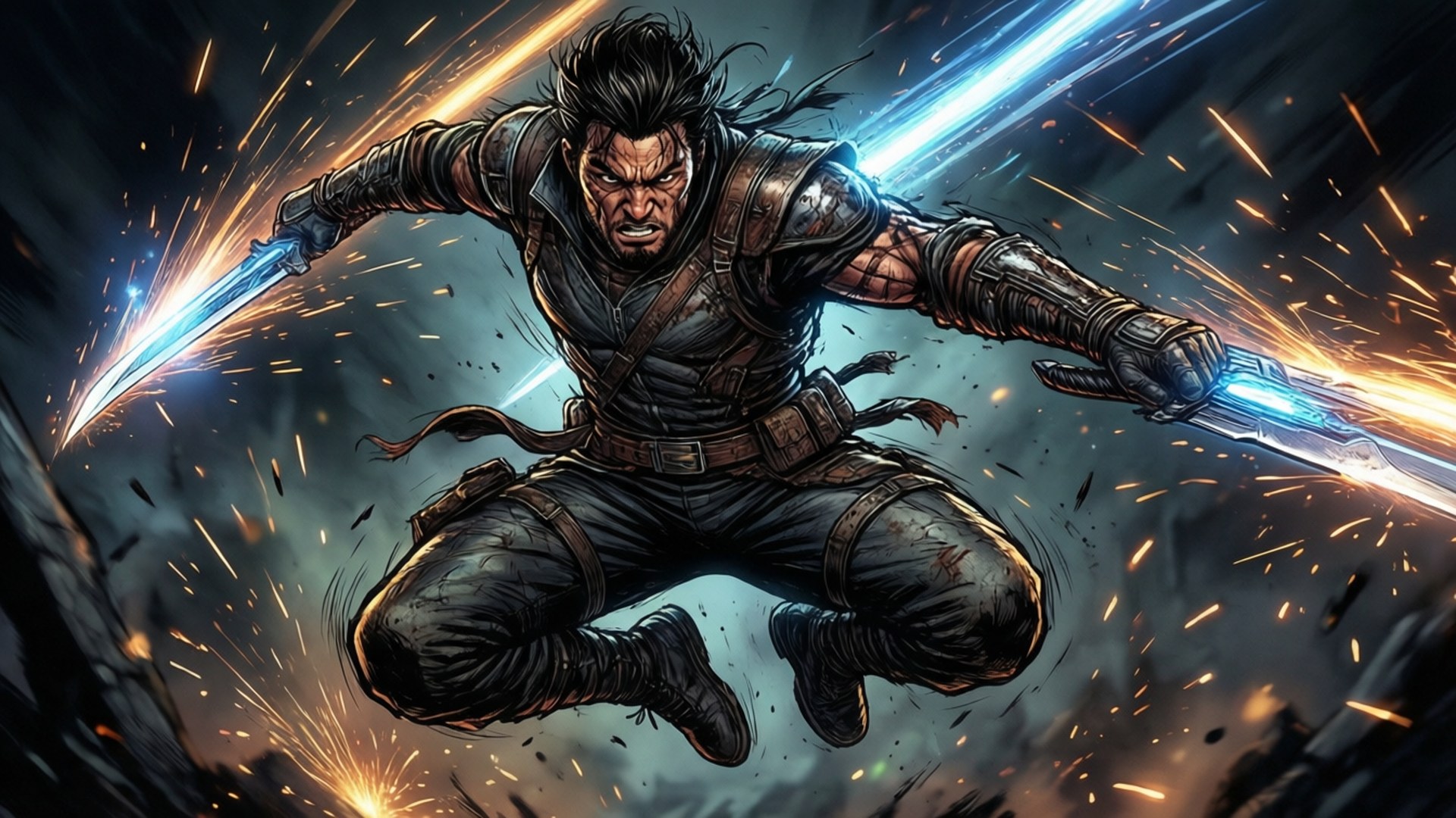 Blade Dash Wallpaper — A muscular warrior leaps through air wielding two glowing blue swords amidst flying sparks and dark stormy clouds.