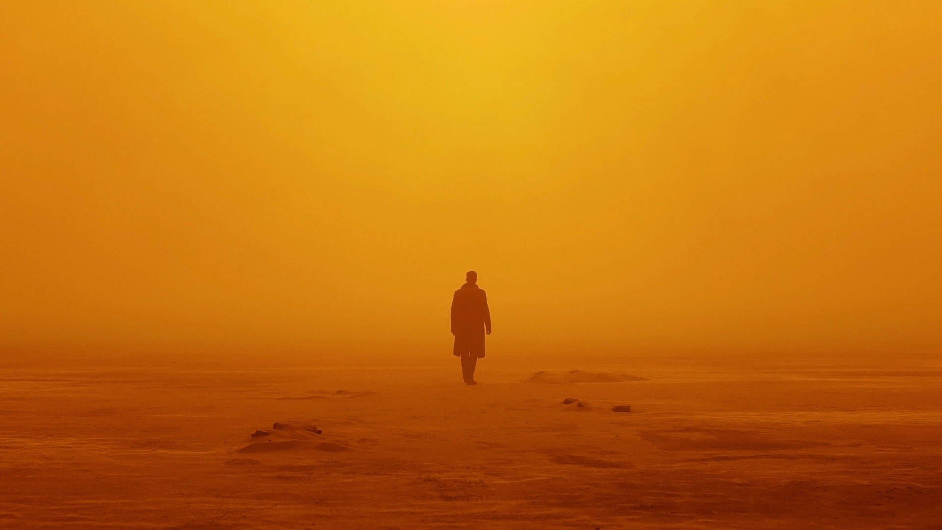 Officer K (Ryan Gosling) walking through a post-apocalyptic desert in Blade Runner 2049 Wallpaper