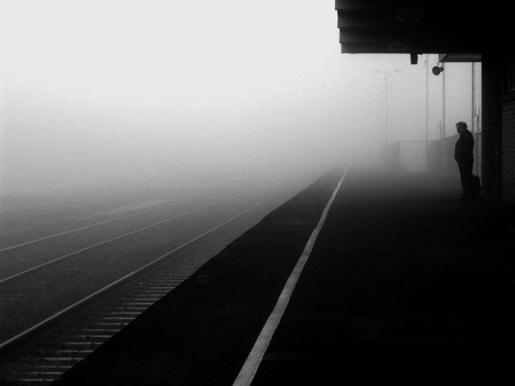 Blank And White Foggy Train Station Wallpaper