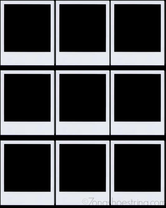 Blank Polaroid Frames Array Wallpaper — Nine blank polaroid frames arranged in a grid with thick black borders and white borders.