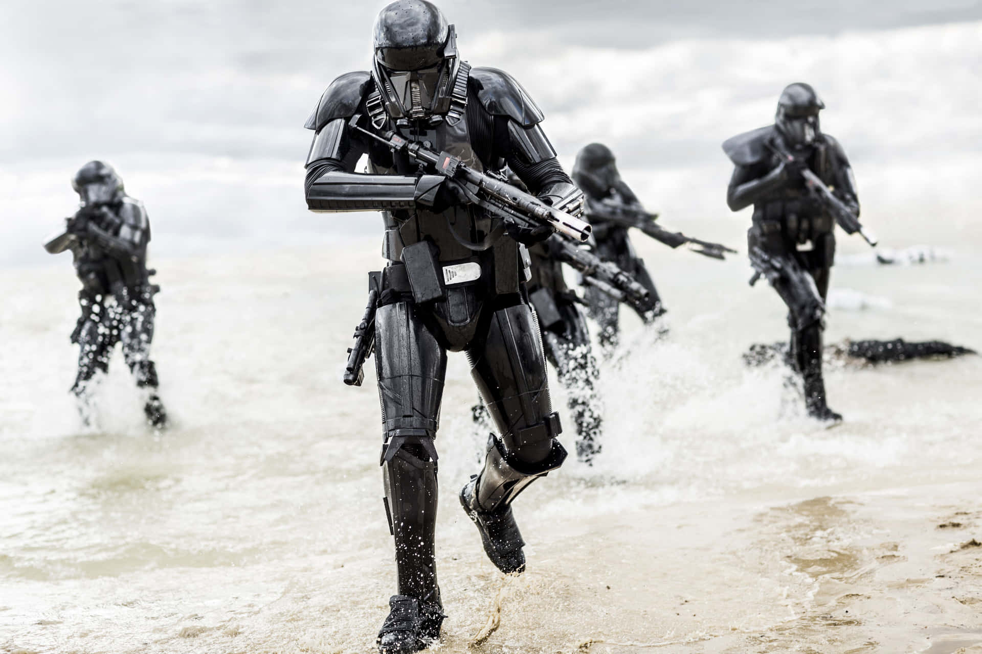 Stormtrooper wielding a blaster rifle in a futuristic battle scene Wallpaper
