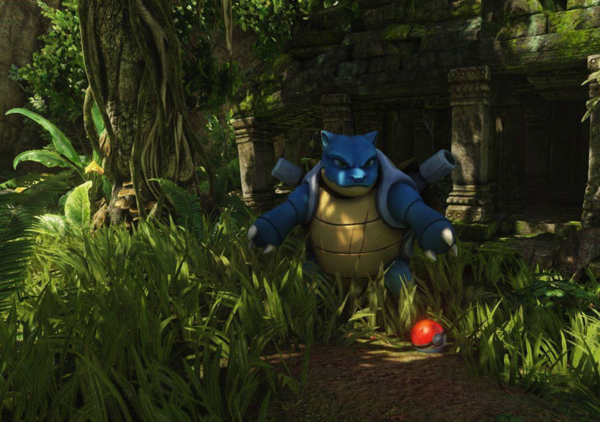 Blastoise, a powerful and majestic Pokémon, proudly stands in a lush jungle. Wallpaper
