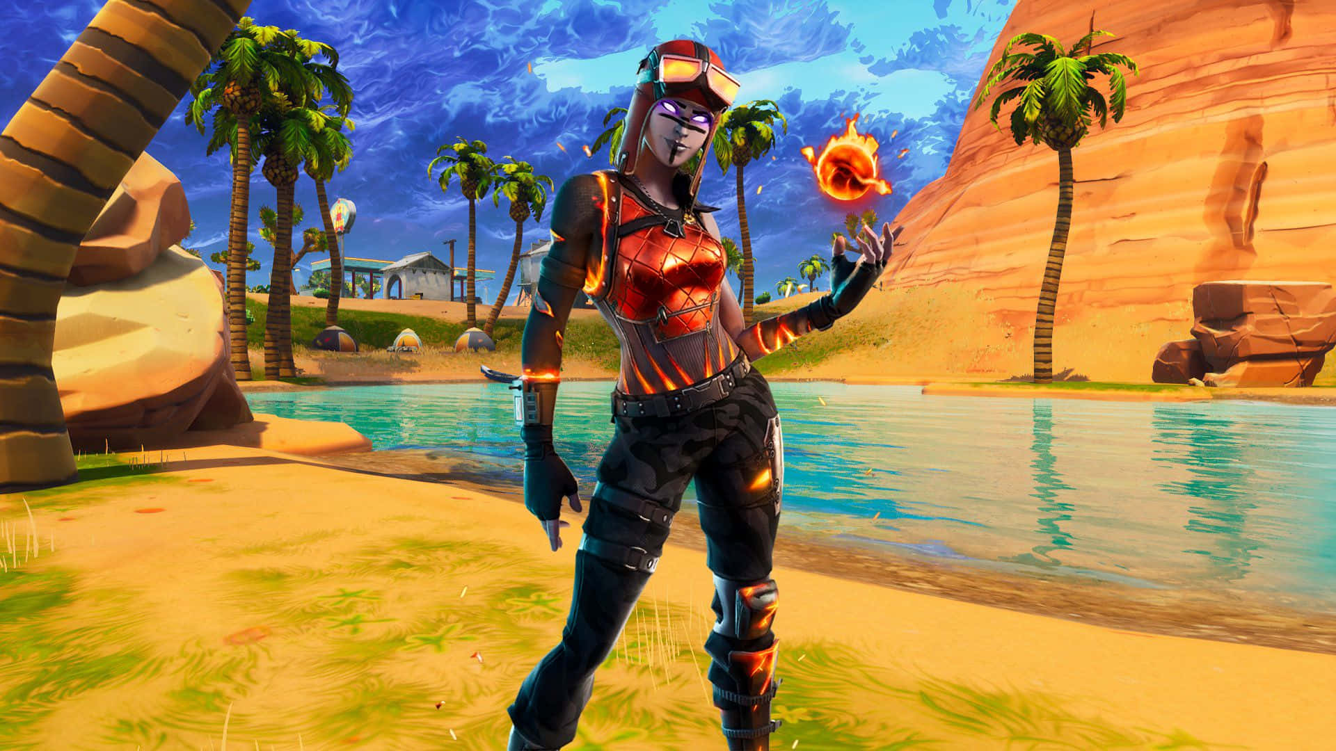 Blaze Fortnite Outfit On The Shores Of The Lake Wallpaper