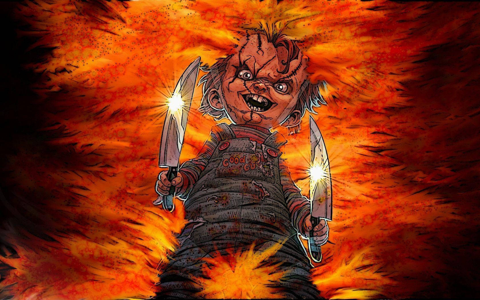 Blazing Chucky Holding Two Knives Background
