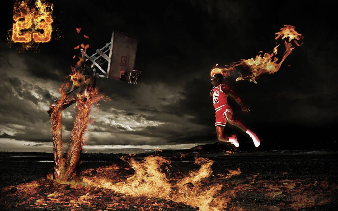 Michael Jordan Soars High with a Spectacular Slam Dunk Wallpaper