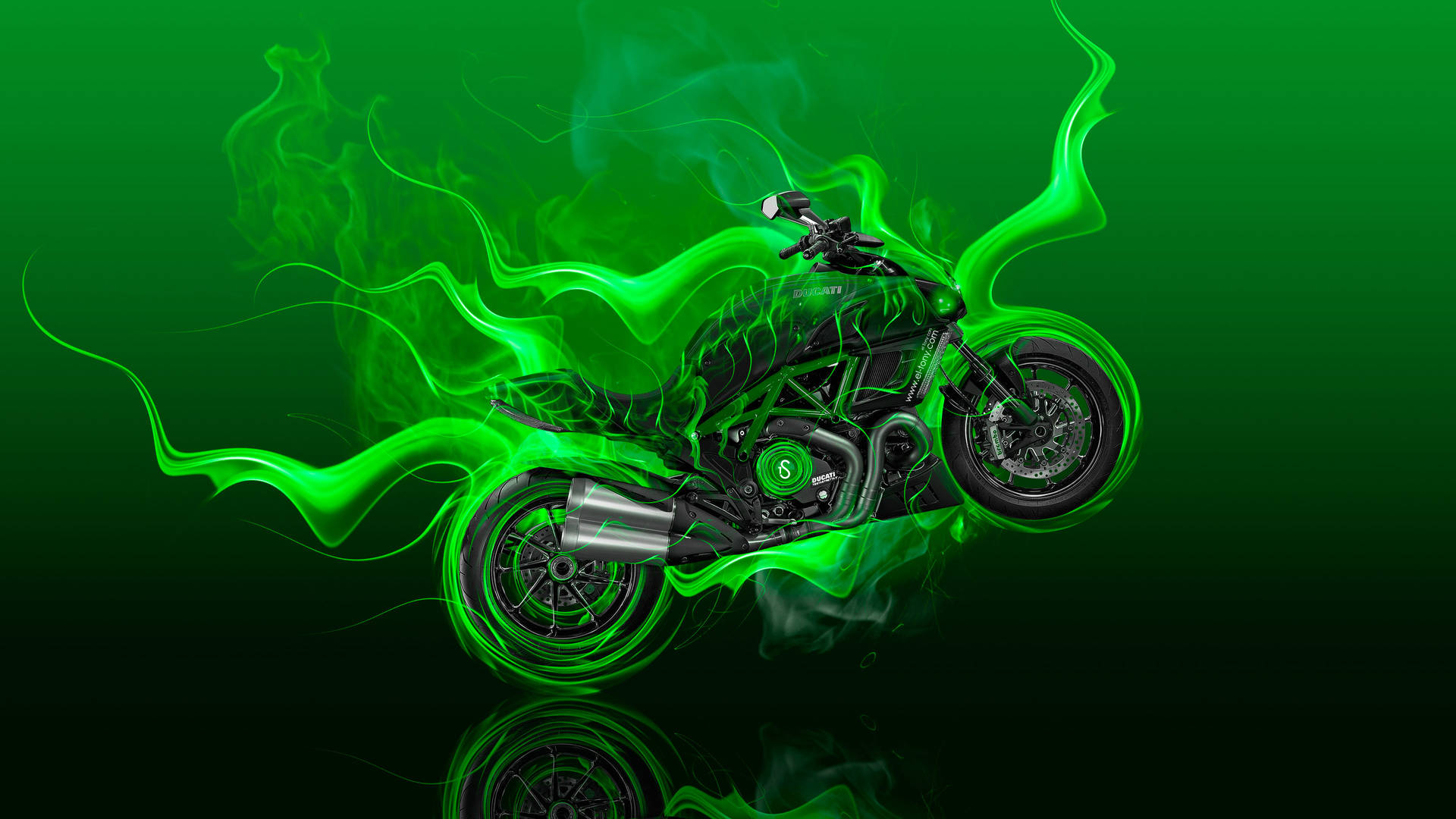 Blazing Motorcycle In Green Fire Wallpaper