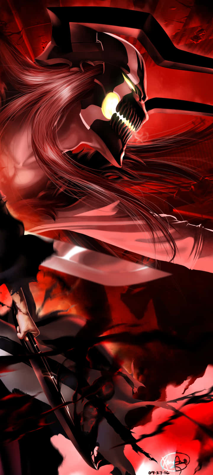 A Red And Black Anime Character With Long Hair Wallpaper