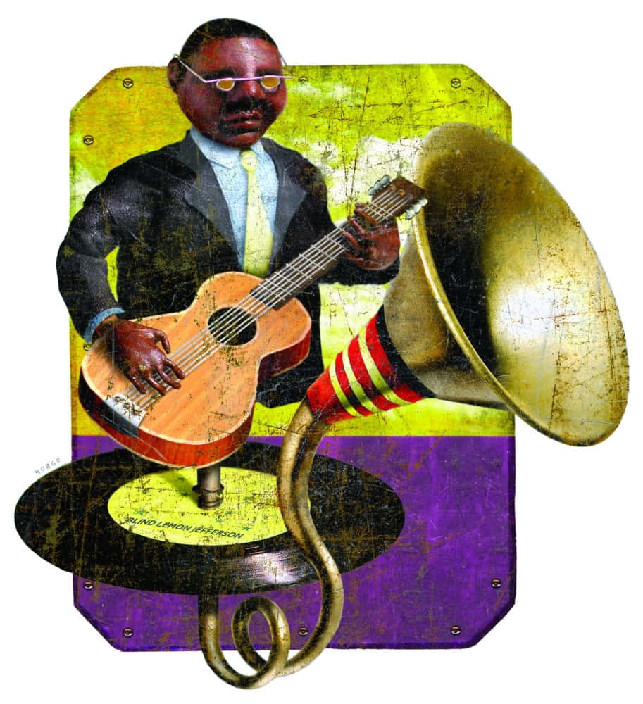 Captivating Caricature Art of Blues Legend, Blind Lemon Jefferson on Vinyl Wallpaper