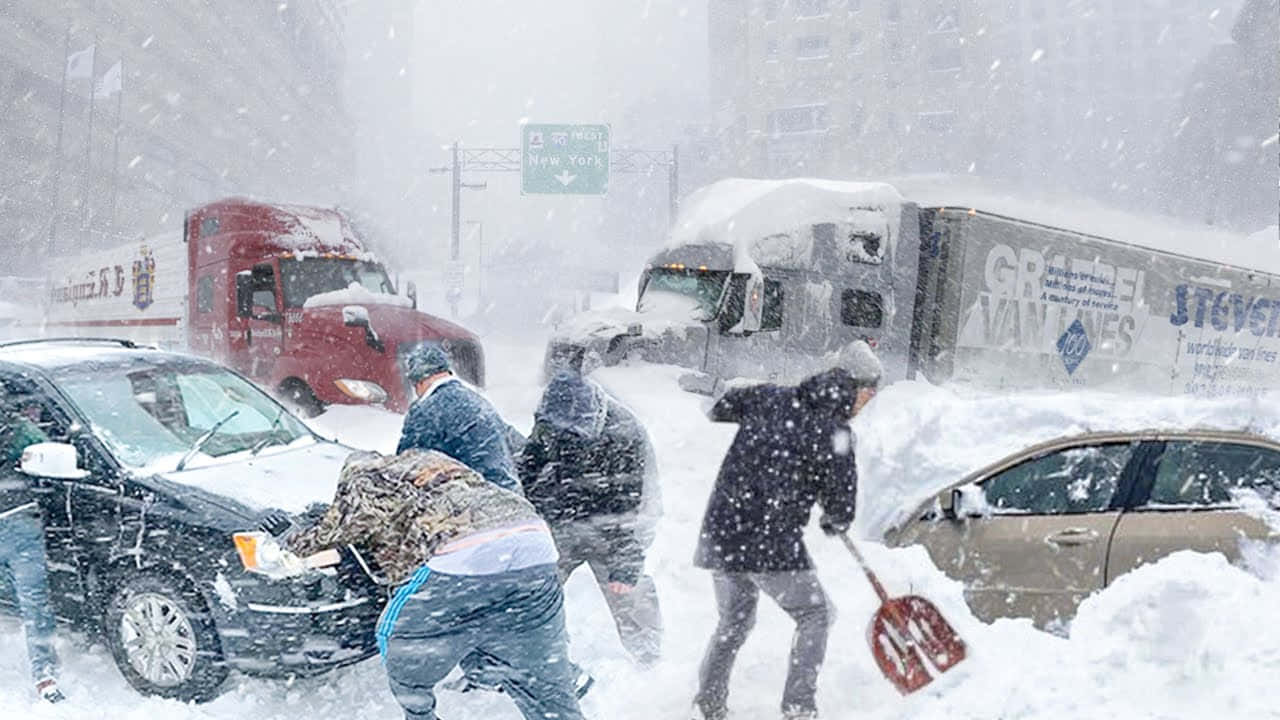 A Group Of People Are Clearing Snow From A Street