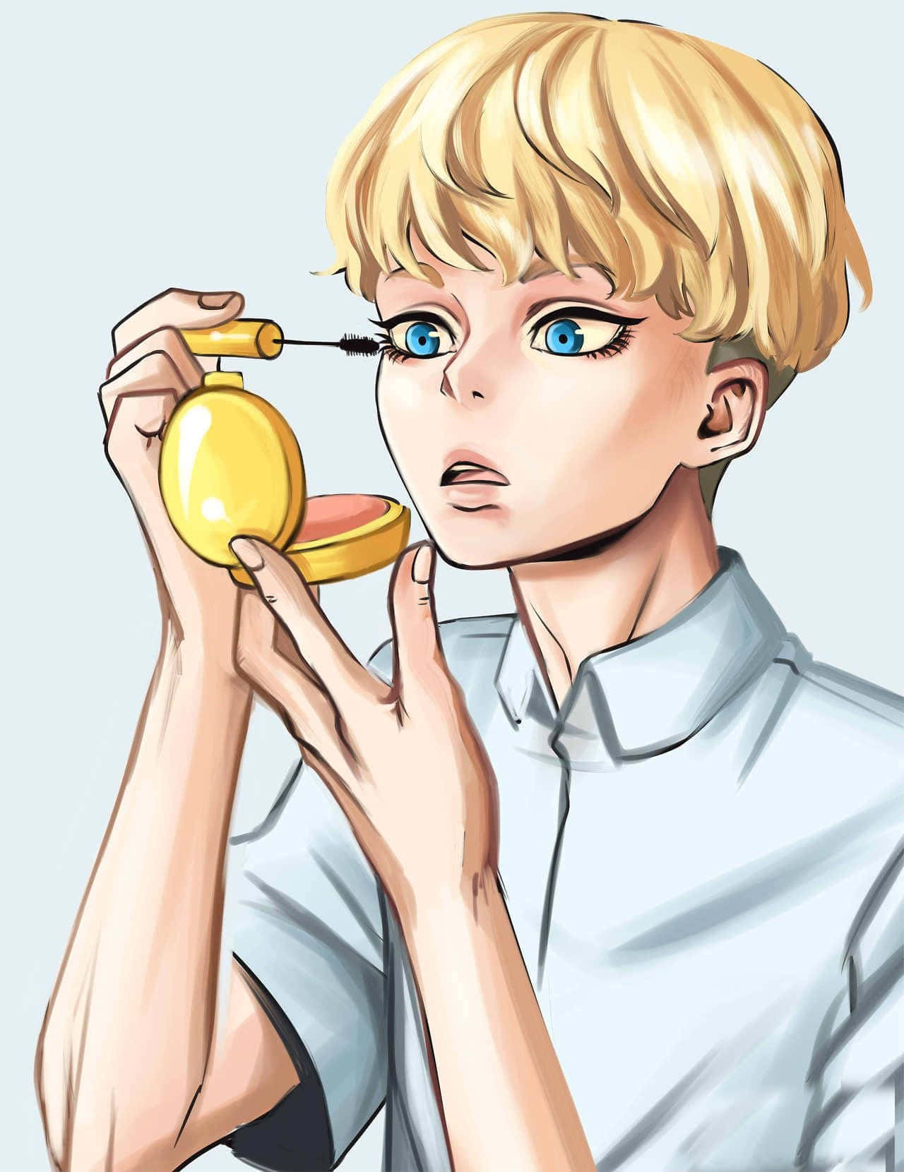 Blonde Anime Character Applying Makeup Wallpaper