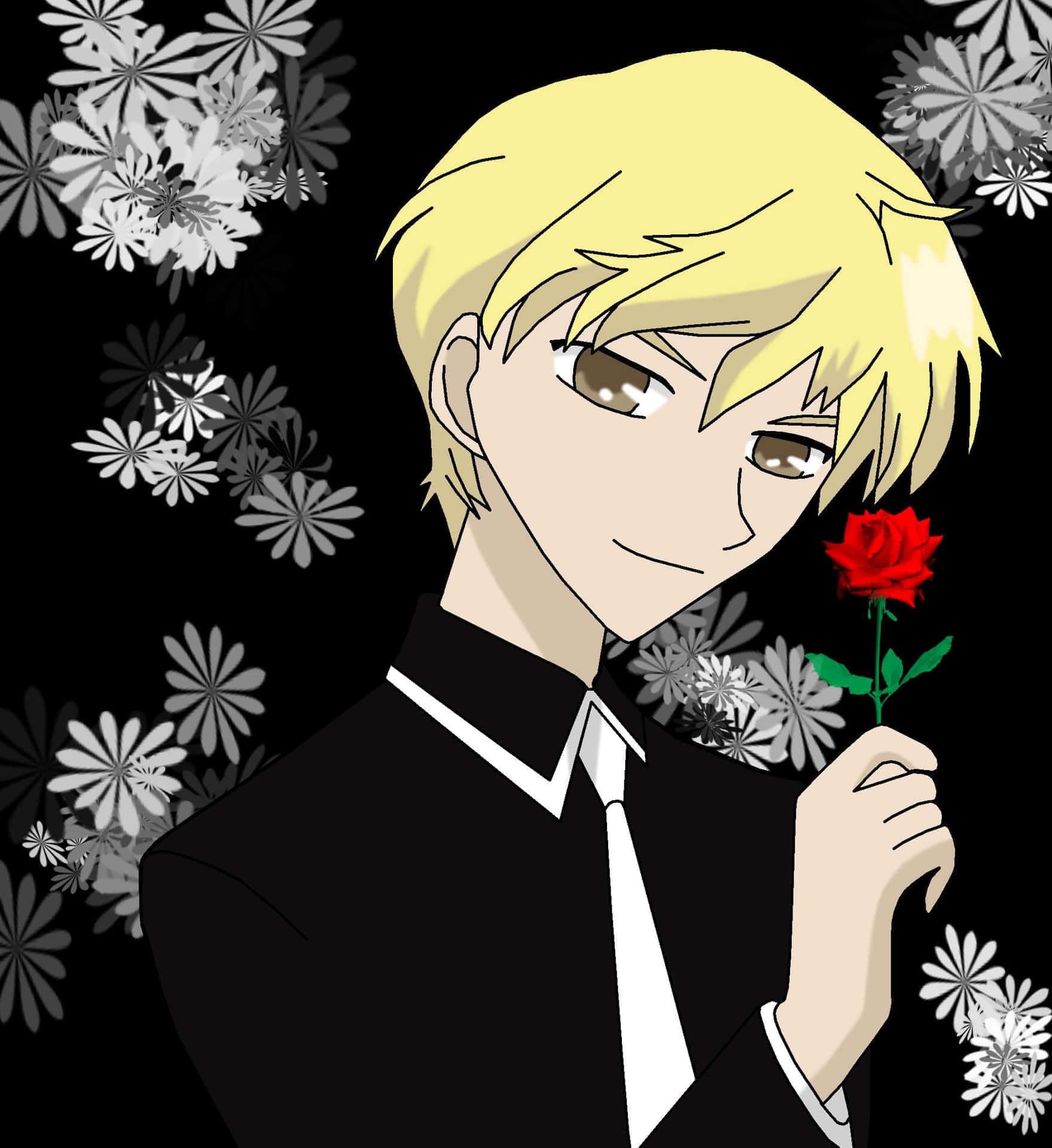 Personnage Anime Blond Tenant Une Rose Rouge Fond d'écran