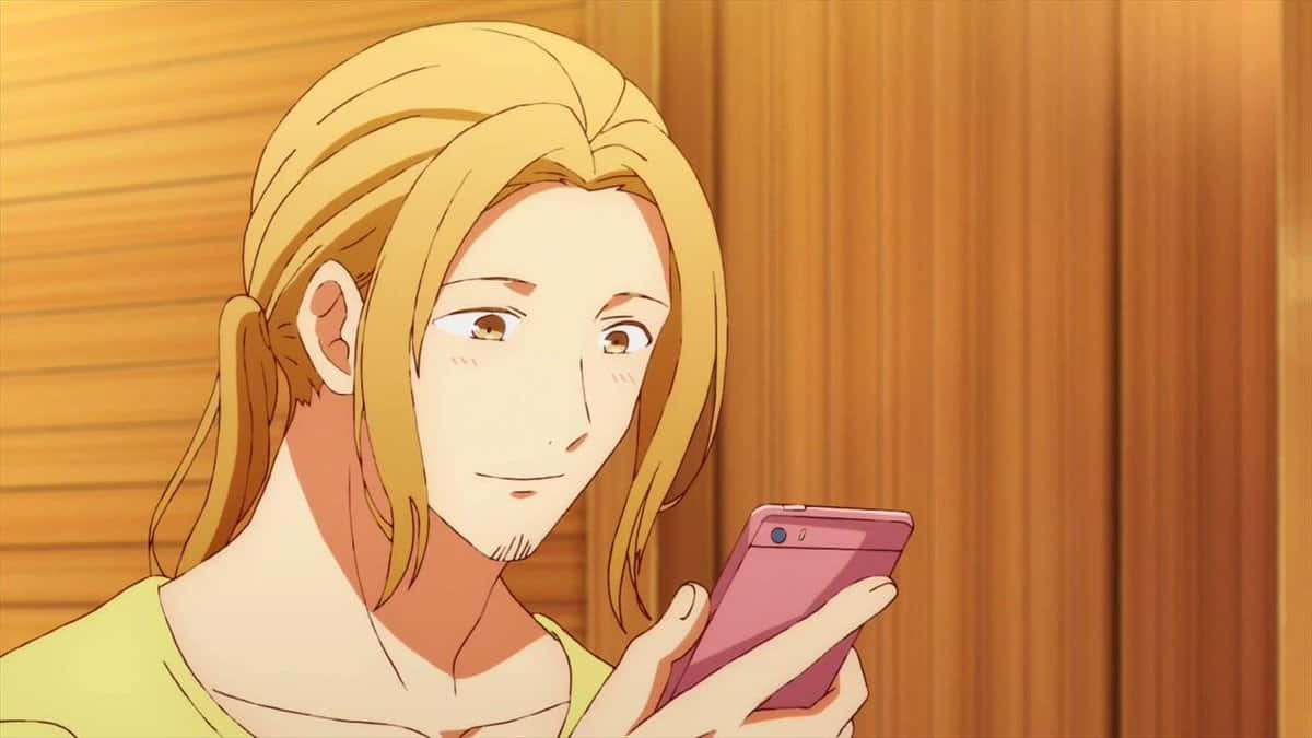 Blonde Anime Personage Glimlachend Naar Telefoon Achtergrond