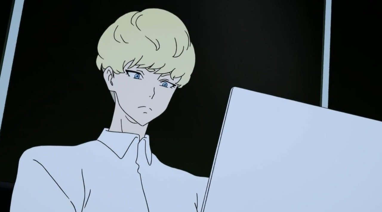 Blonde Anime Personage Met Laptop Achtergrond