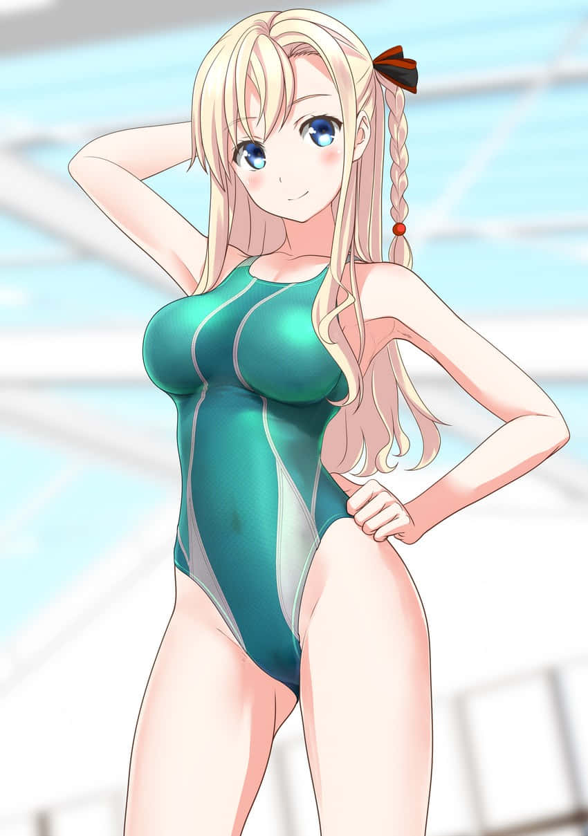 Blonde Anime Characterin Green Swimsuit Wallpaper