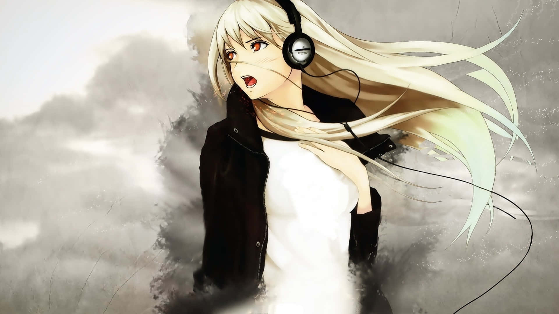 Blonde Anime Girl Headphones Windy Backdrop.jpg Wallpaper