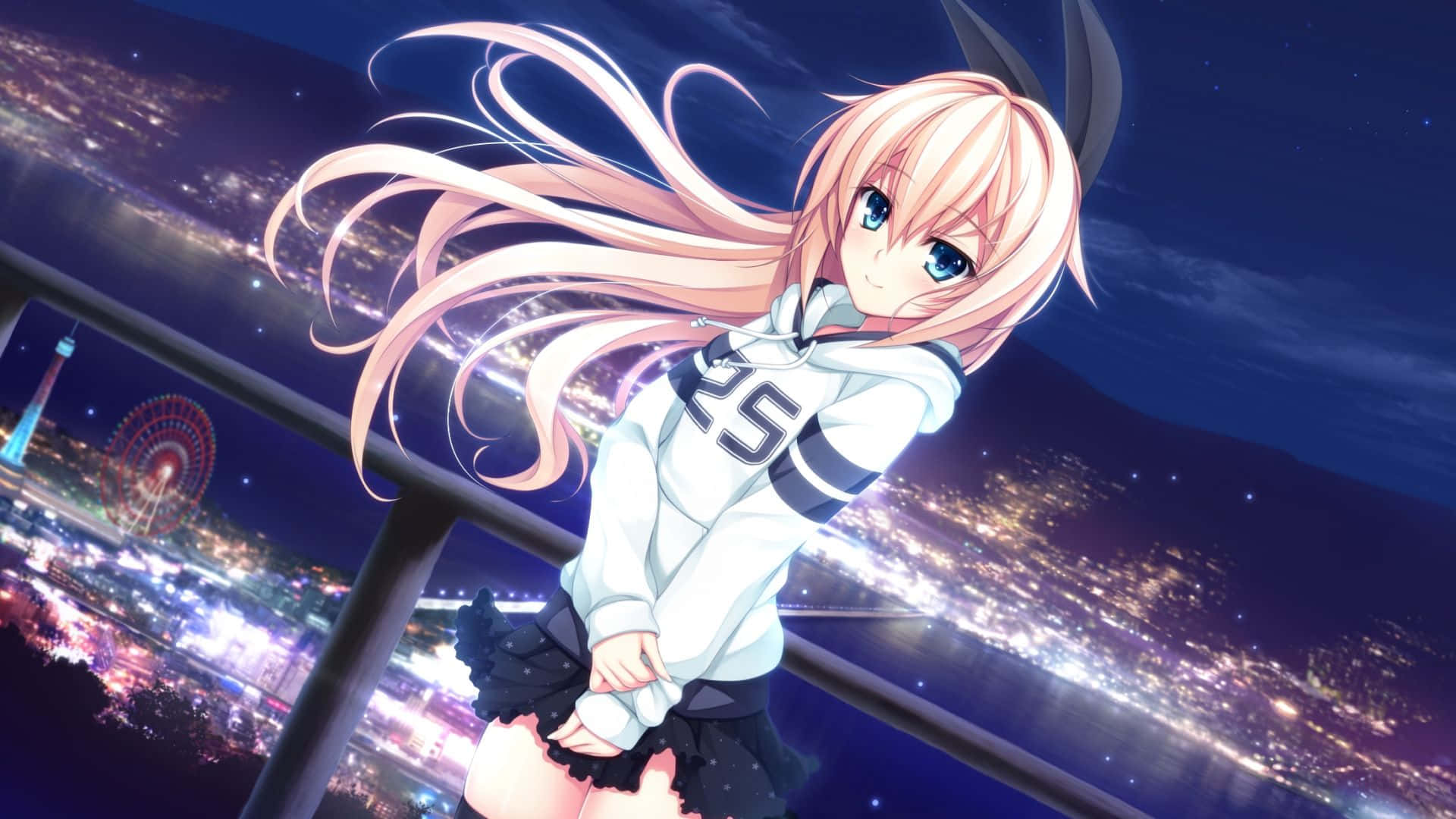 Blonde Anime Girl Night City View Wallpaper